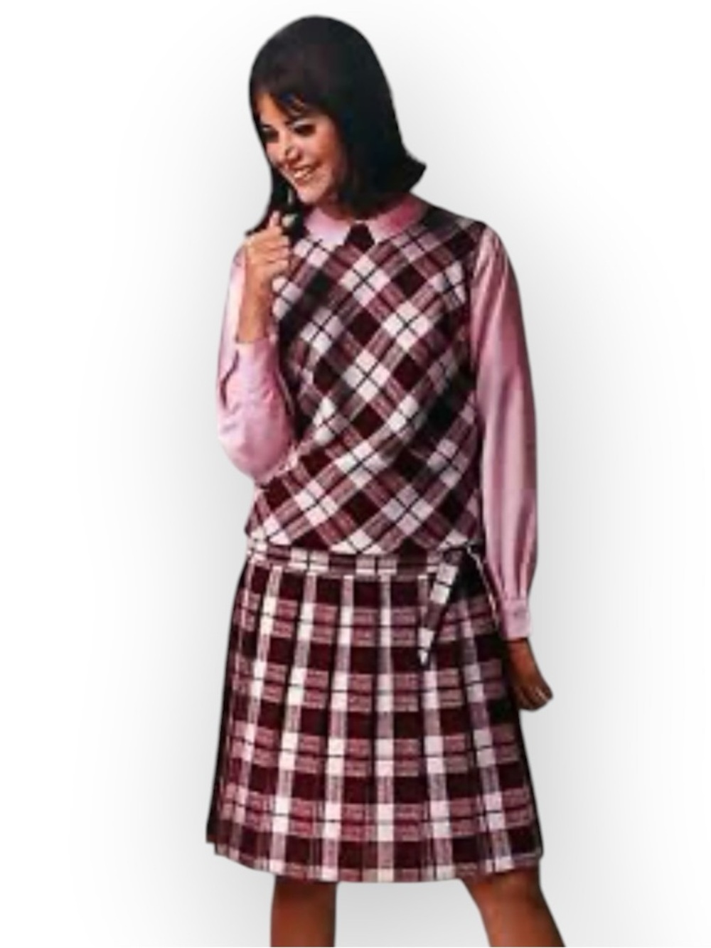 1960’s Colleen Corby Sears Mod Burgundy Pink Plaid Drop Waist Pleats Jumper